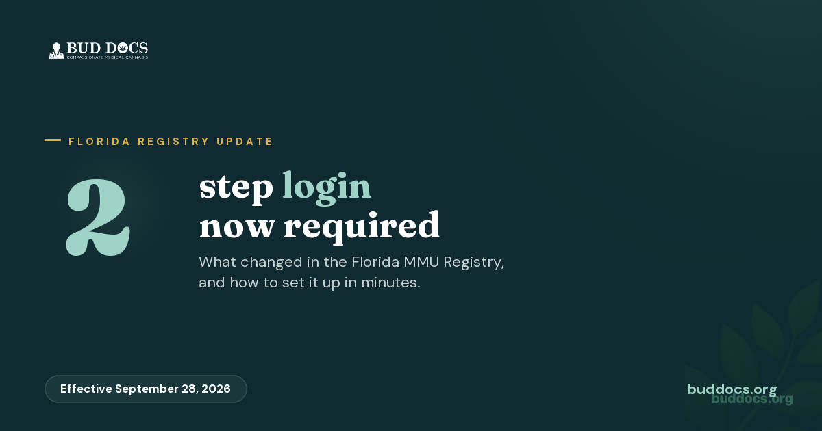 BudDocs card: two-step login now required for the Florida Medical Marijuana Use Registry, effective September 28, 2026
